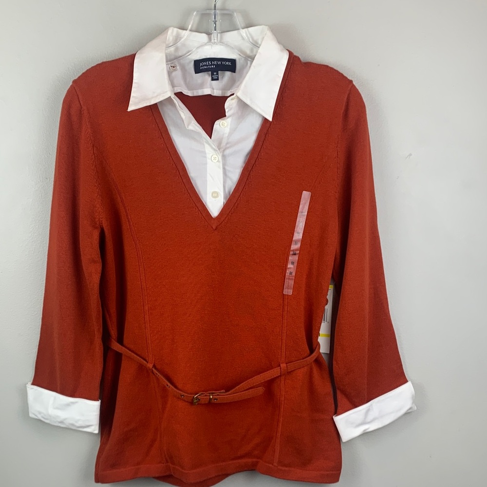 Jones New York Rust V-Neck Sweater with White Accents